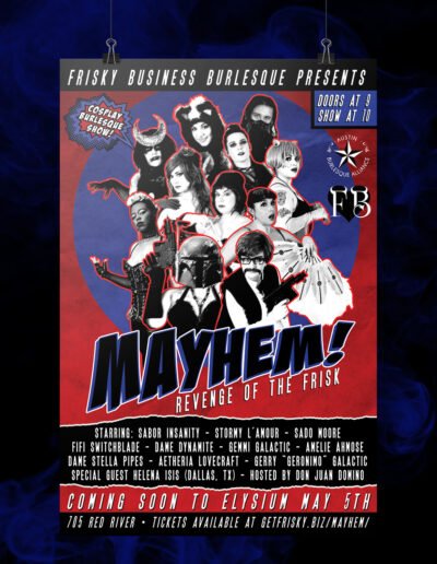 Poster design for MAYHEM: Revenge of the Frisk burlesque show for Frisky Business Burlesque.