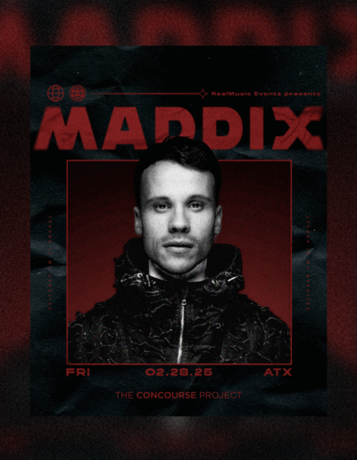 Maddix flyer designed for The Concourse Project & RealMusic Events.